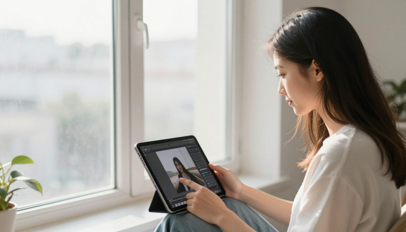 Young woman by window with tablet showing AI shadow recovery interface