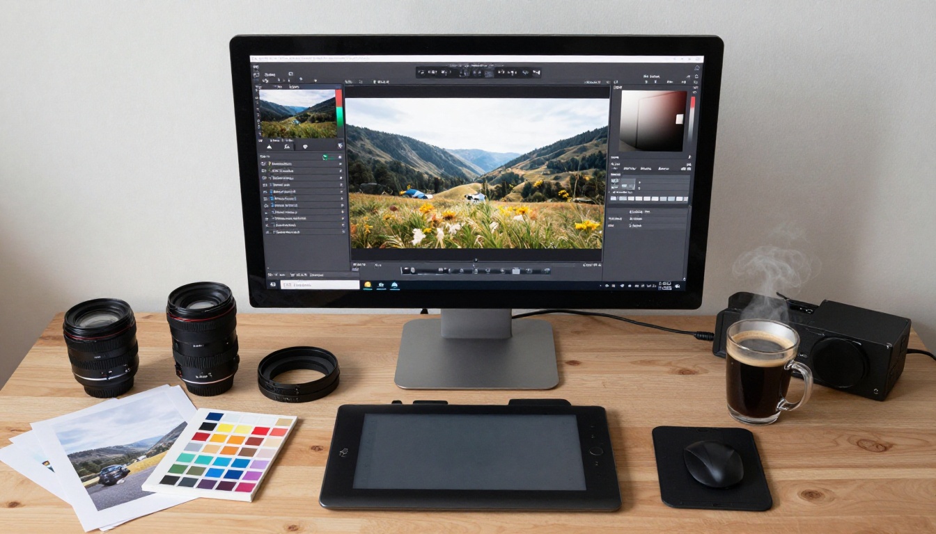 AI photo editing workspace with exposure comparison on monitor