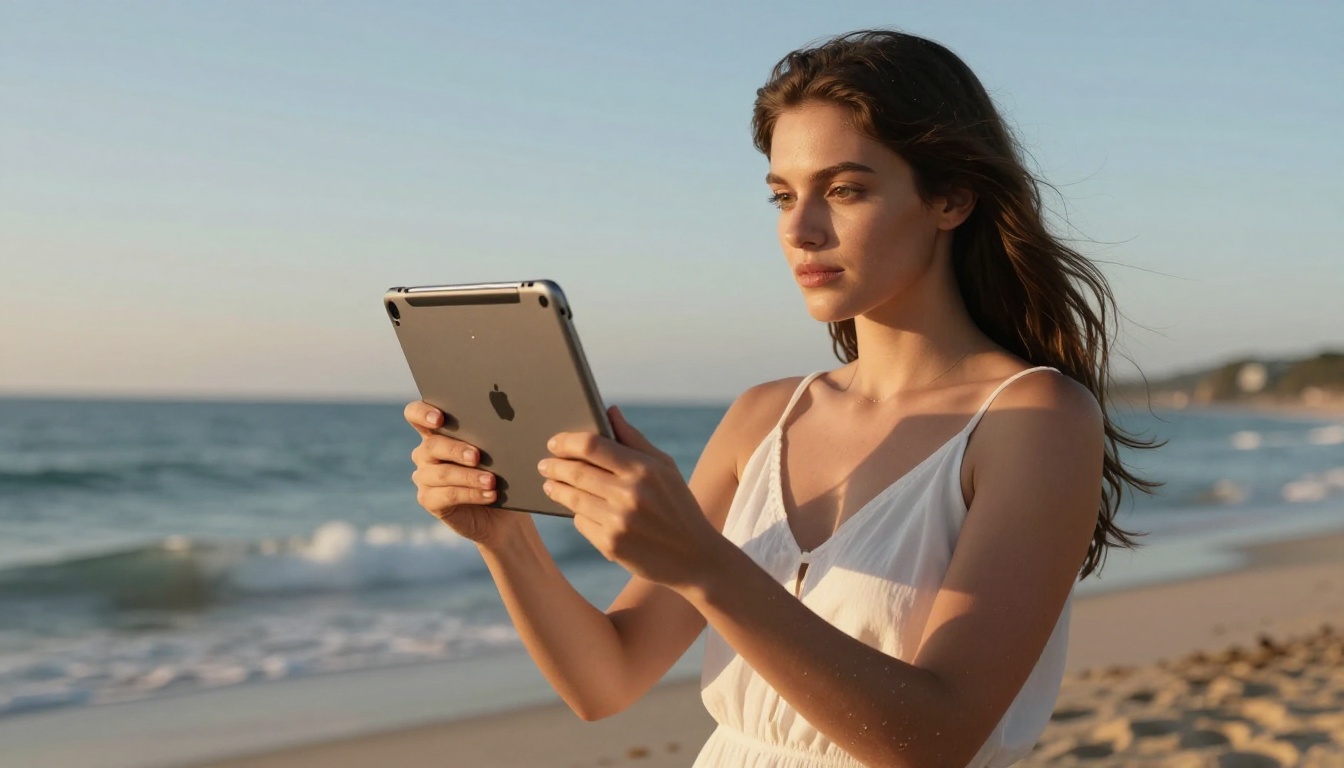 Woman in white sundress on beach with AI-corrected lighting displayed on tablet