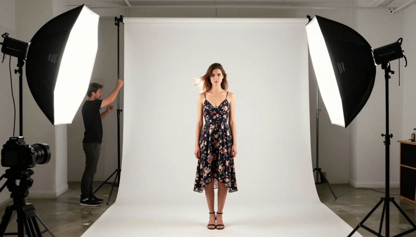 Photography studio with model under professional lights