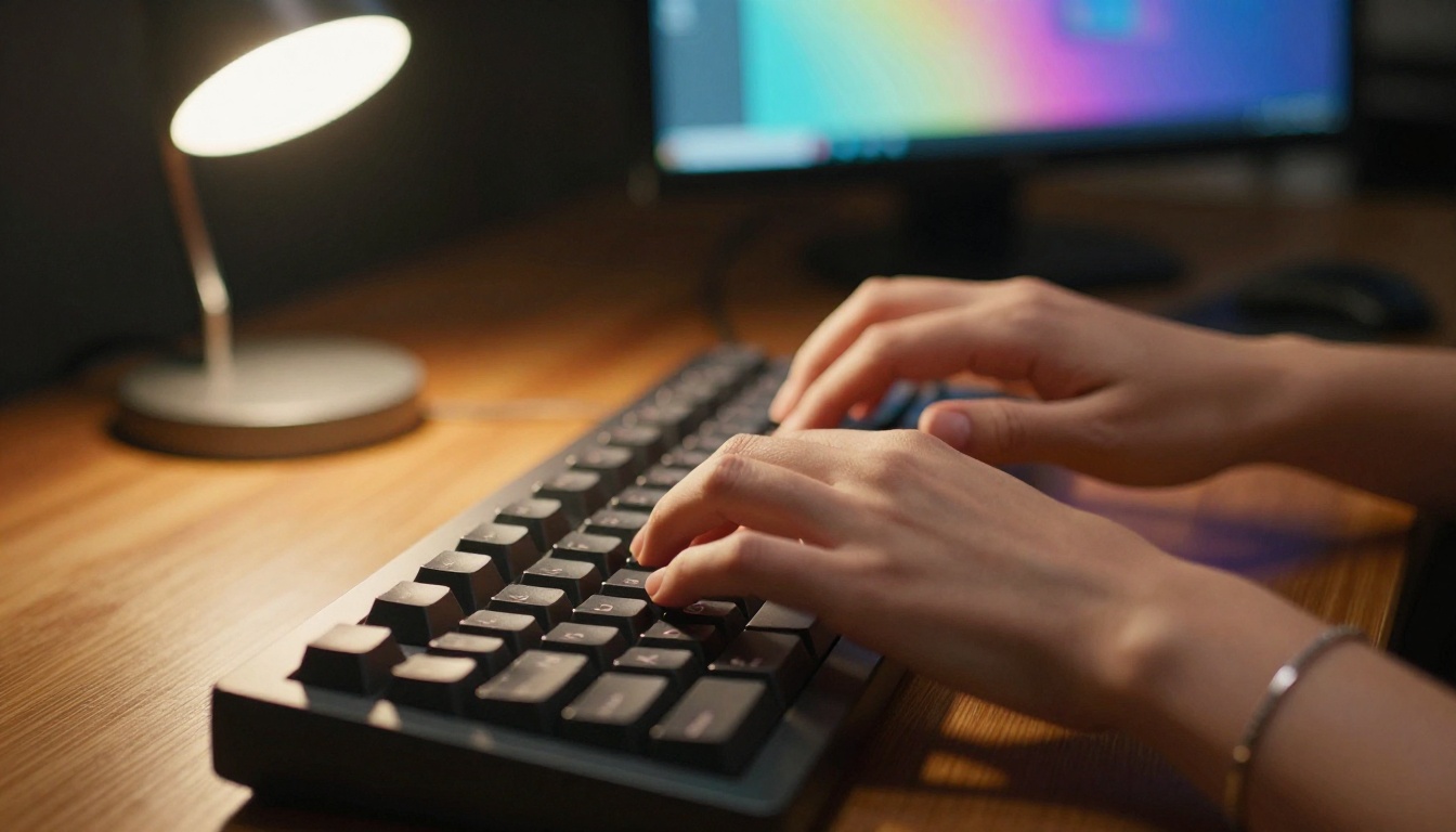 Close-up hands typing on mechanical keyboard