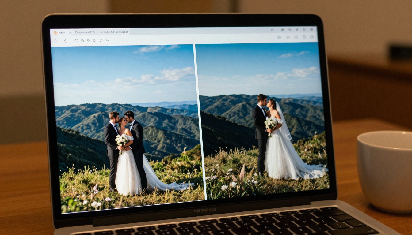 Laptop screen showing before and after landscape photo with AI dynamic range restoration