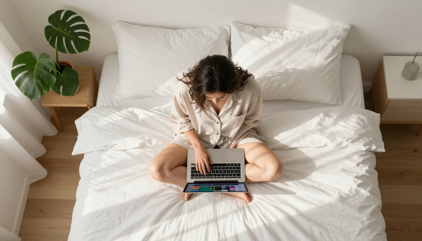 Woman sitting on bed with laptop showing AI image interface