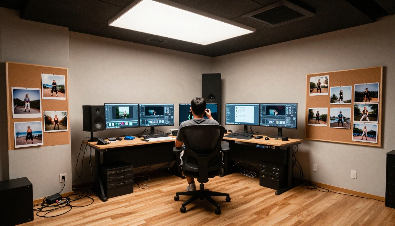 Home studio setup with multiple monitors showing AI photo processing workflows