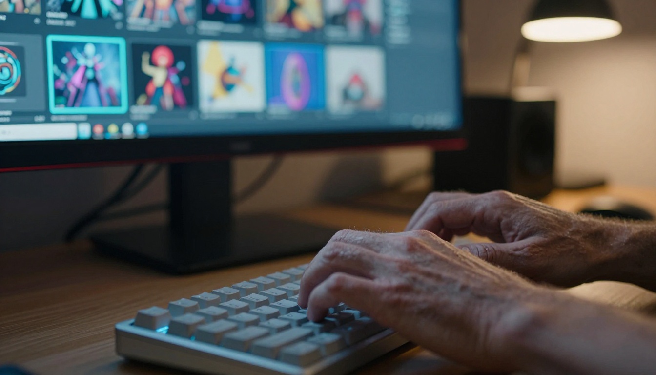 AI video generation professional typing at keyboard workstation