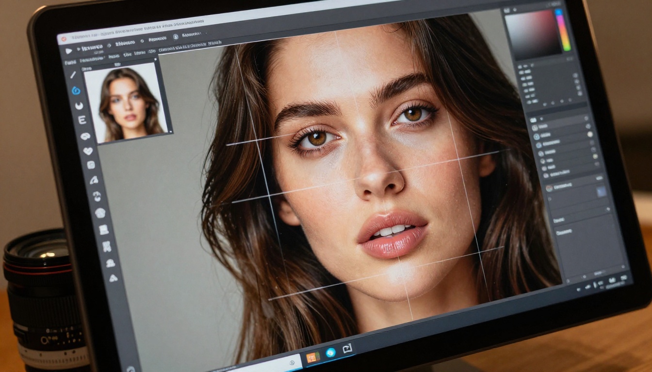 Professional monitor displaying AI neural network lighting analysis on portrait photo