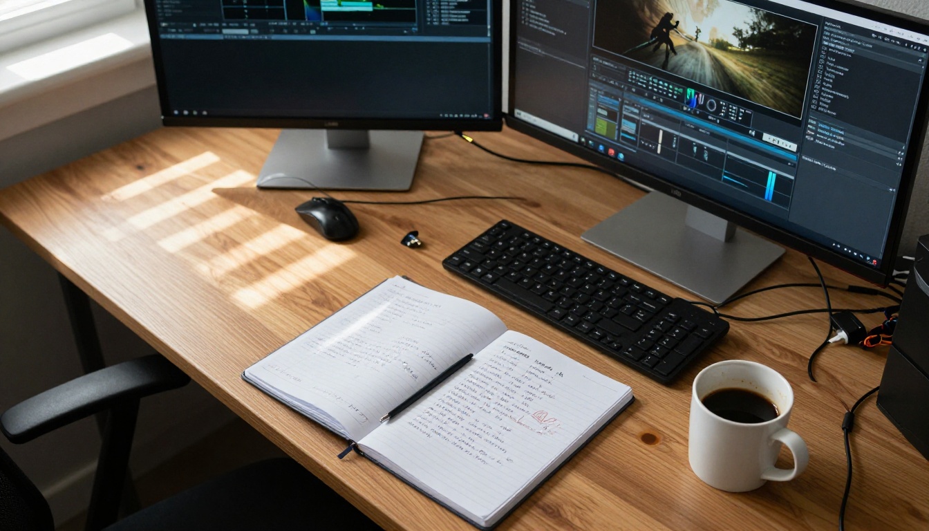 Aerial view of AI video production workspace with multiple monitors