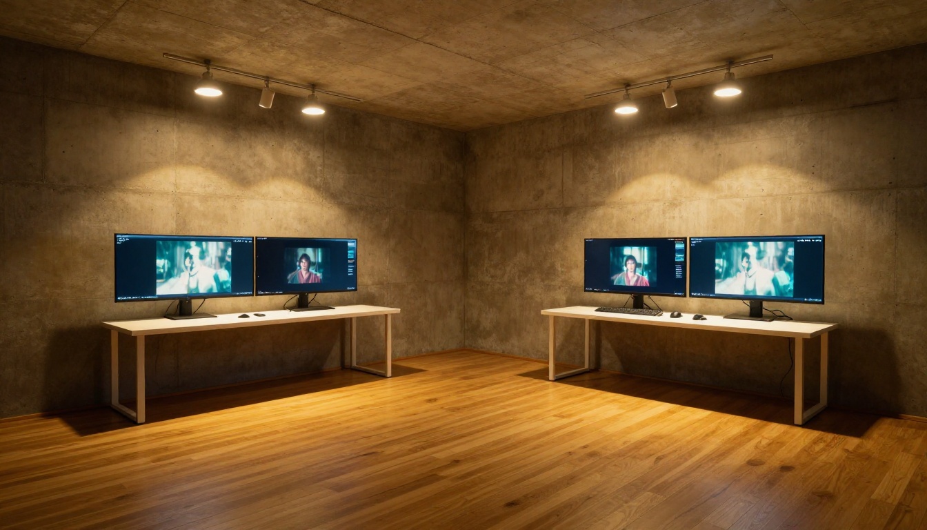Minimalist creative studio with dual monitor video setup