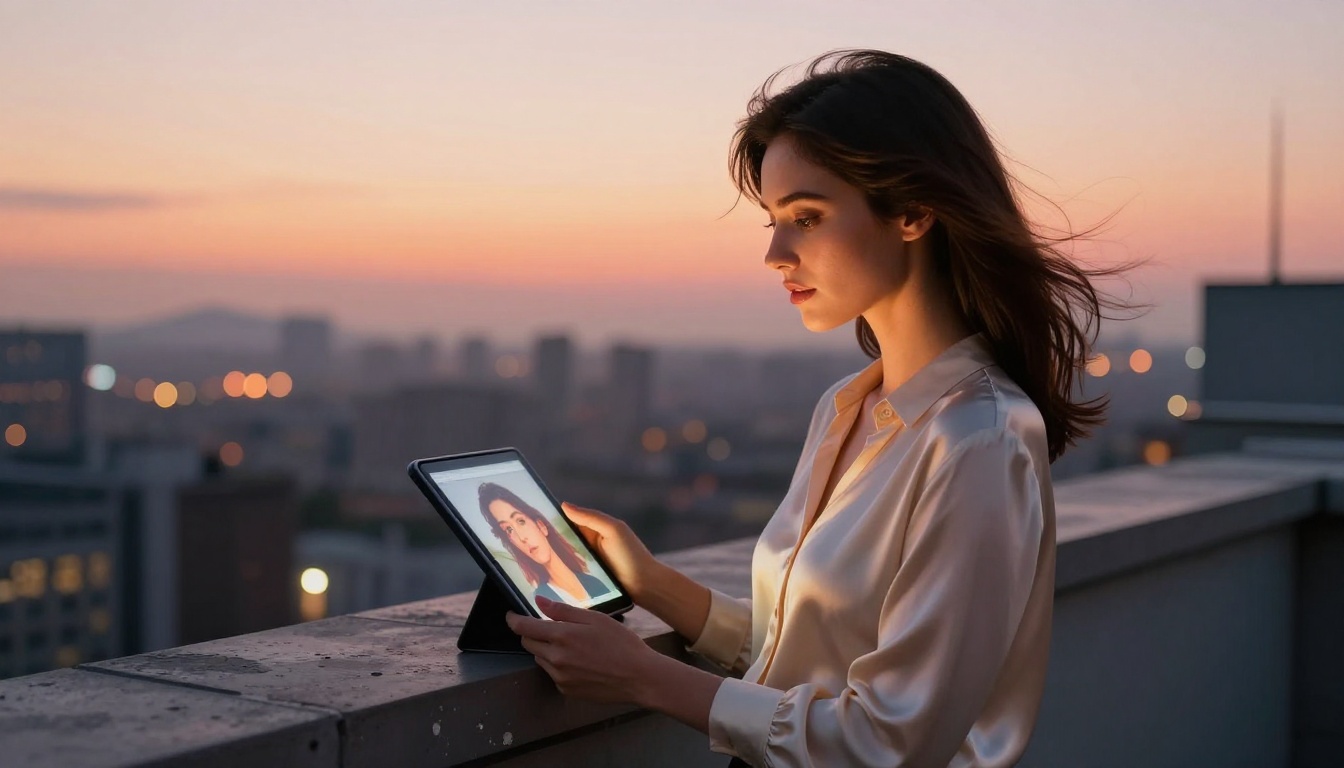 Woman on rooftop at golden hour holding tablet with AI portrait