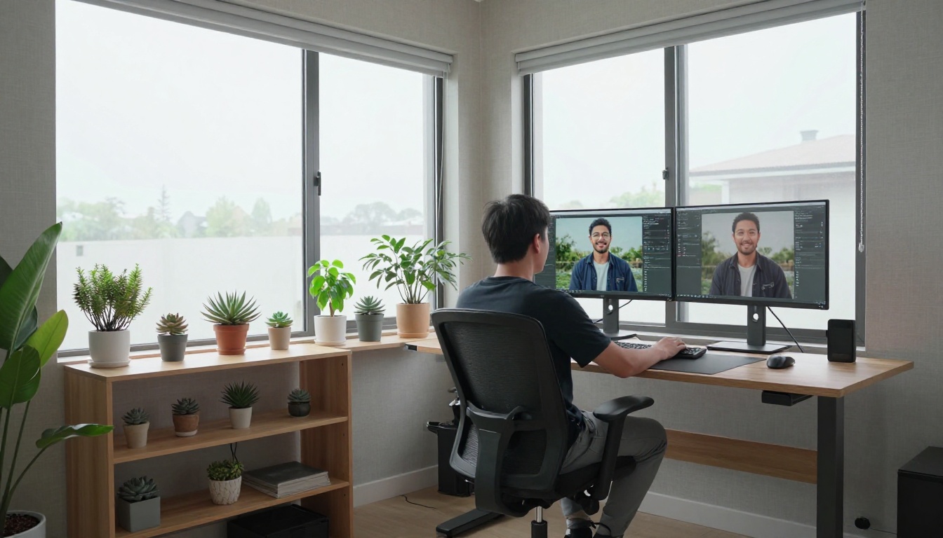 Man at dual monitors comparing AI image enhancement results
