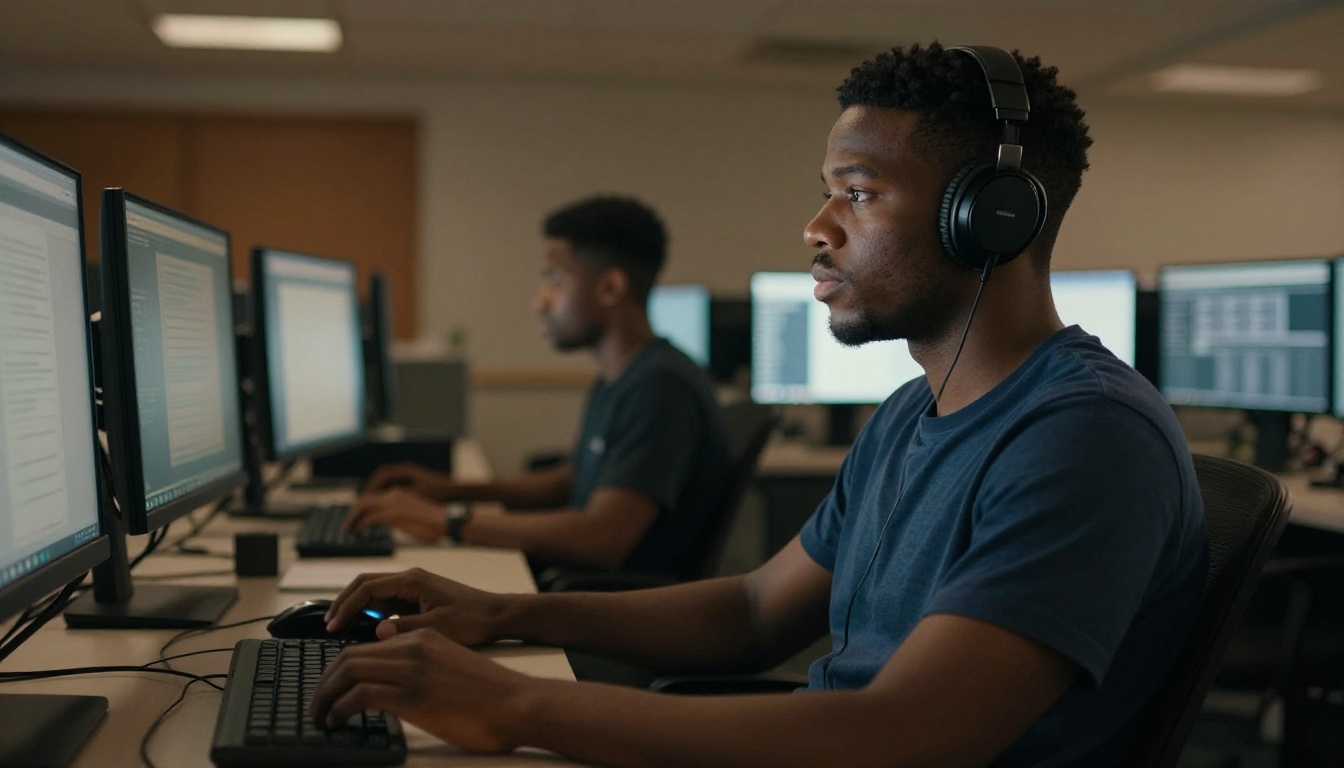Content creator reviewing AI video output at multi-monitor workstation
