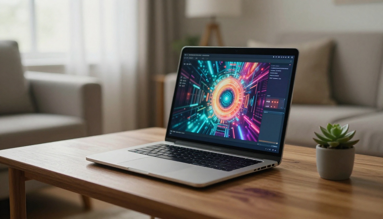 Laptop showing AI video content on wooden coffee table in home setting