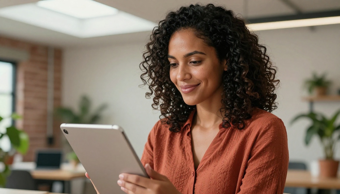 Woman with tablet reviewing AI video content in coworking space