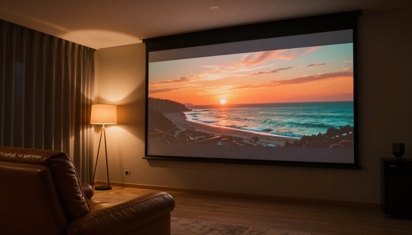 Home cinema screen showing cinematic AI-generated video with warm ambient lighting