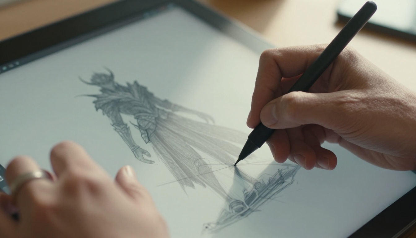 A game developer sketching character concepts, stylus on tablet, close-up on hands with natural morning light