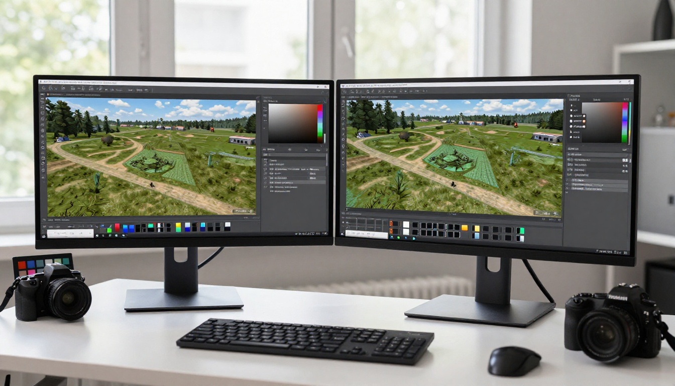 Dual monitor setup showing texture reference on left and 3D viewport with terrain mesh on right, professional studio daylight