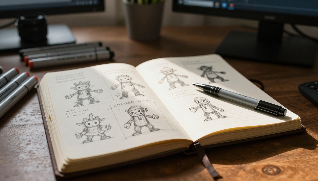 A worn sketchbook with game character pencil sketches open on a desk, volumetric morning light, authentic paper texture