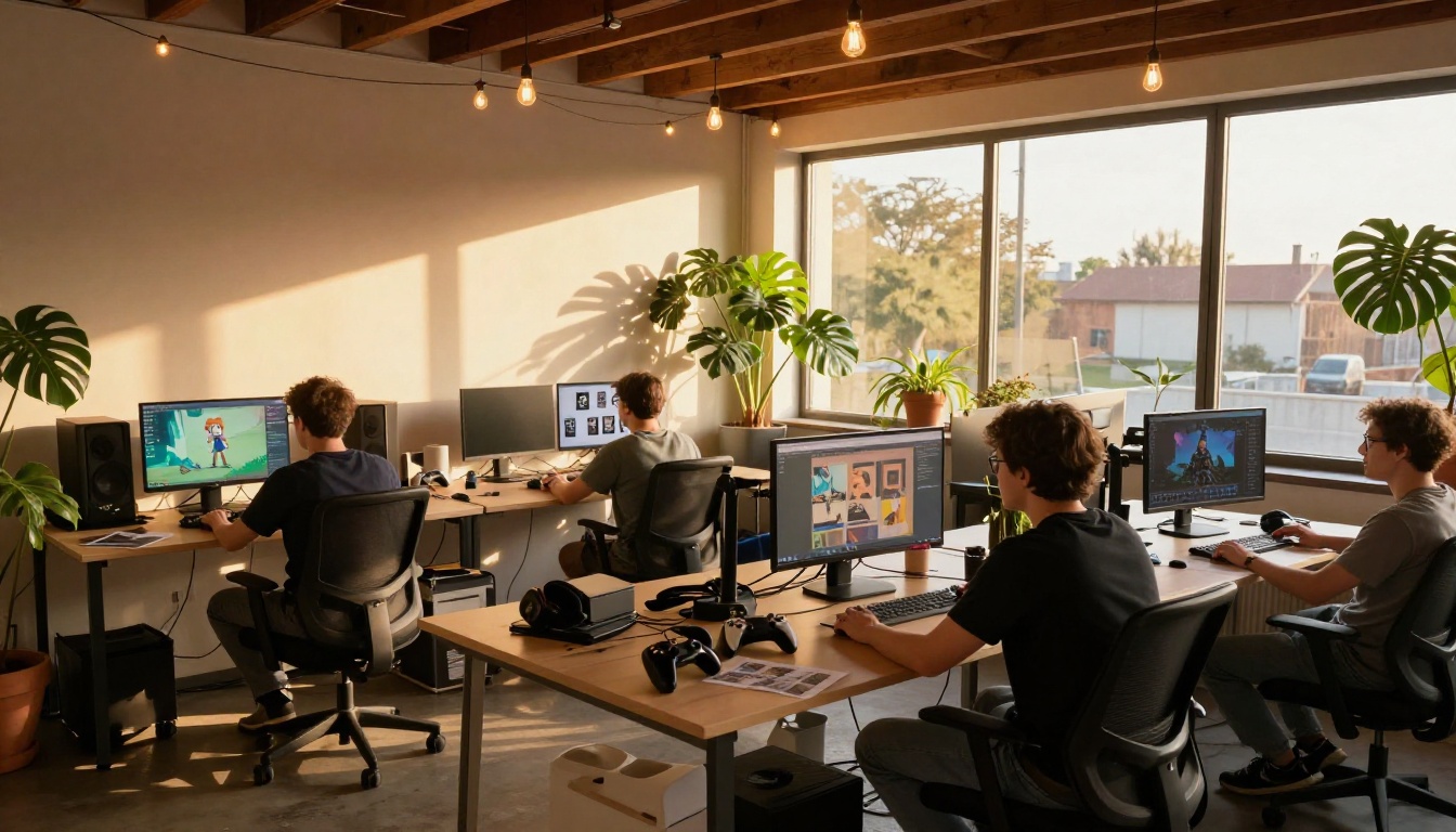 Wide studio shot of three game developers at adjacent desks, loft office space, golden late afternoon light, authentic atmosphere