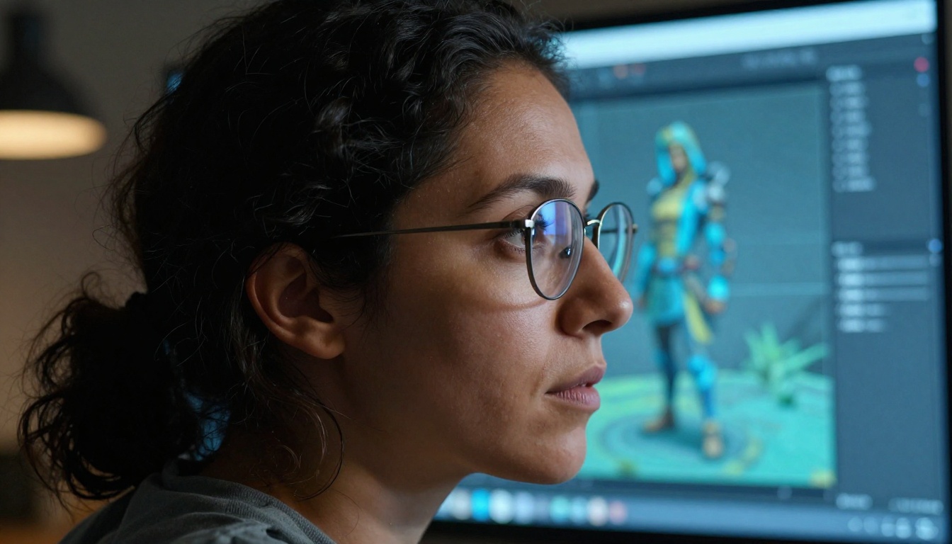 A focused female game artist with dual-tone screen and lamp lighting on her face, professional concentration, photorealistic portrait