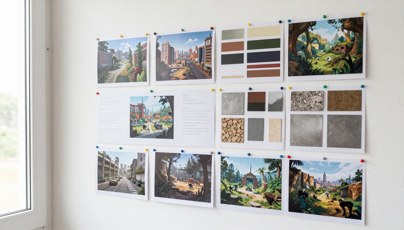 Physical game design mood board pinned to a white wall with printed references, color swatches, material samples, and push pins