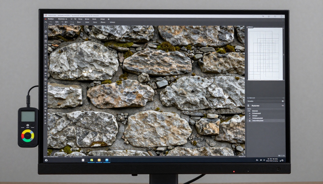 Weathered stone wall PBR texture on a calibrated professional monitor, color probe visible, studio neutral lighting