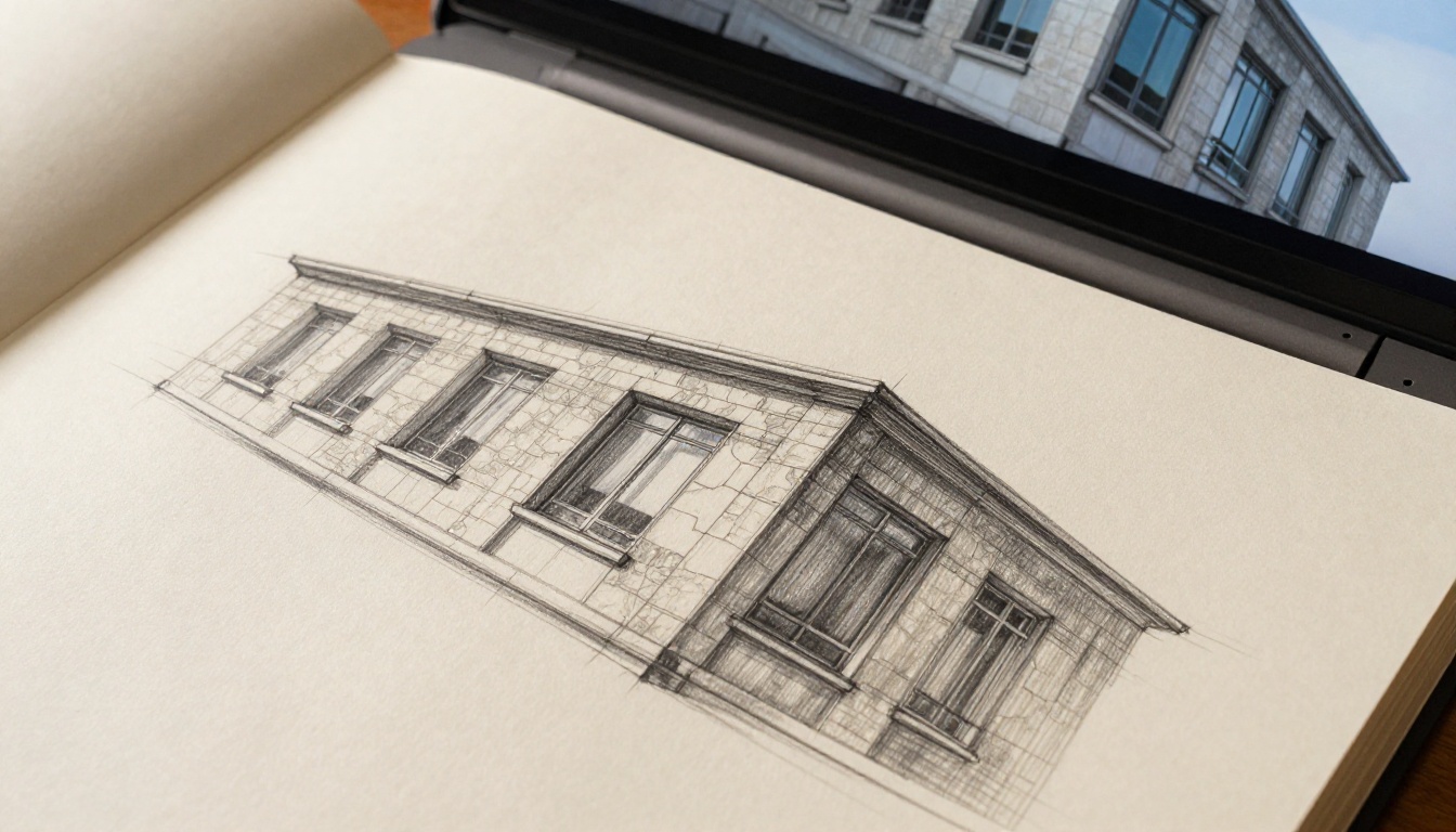 Architectural sketch beside laptop showing photorealistic 3D render