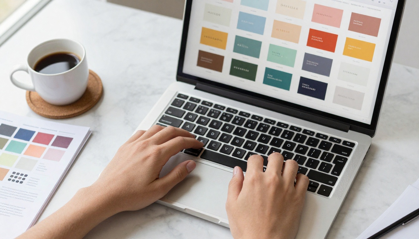 Designer hands at laptop reviewing multiple logo variations in a grid layout