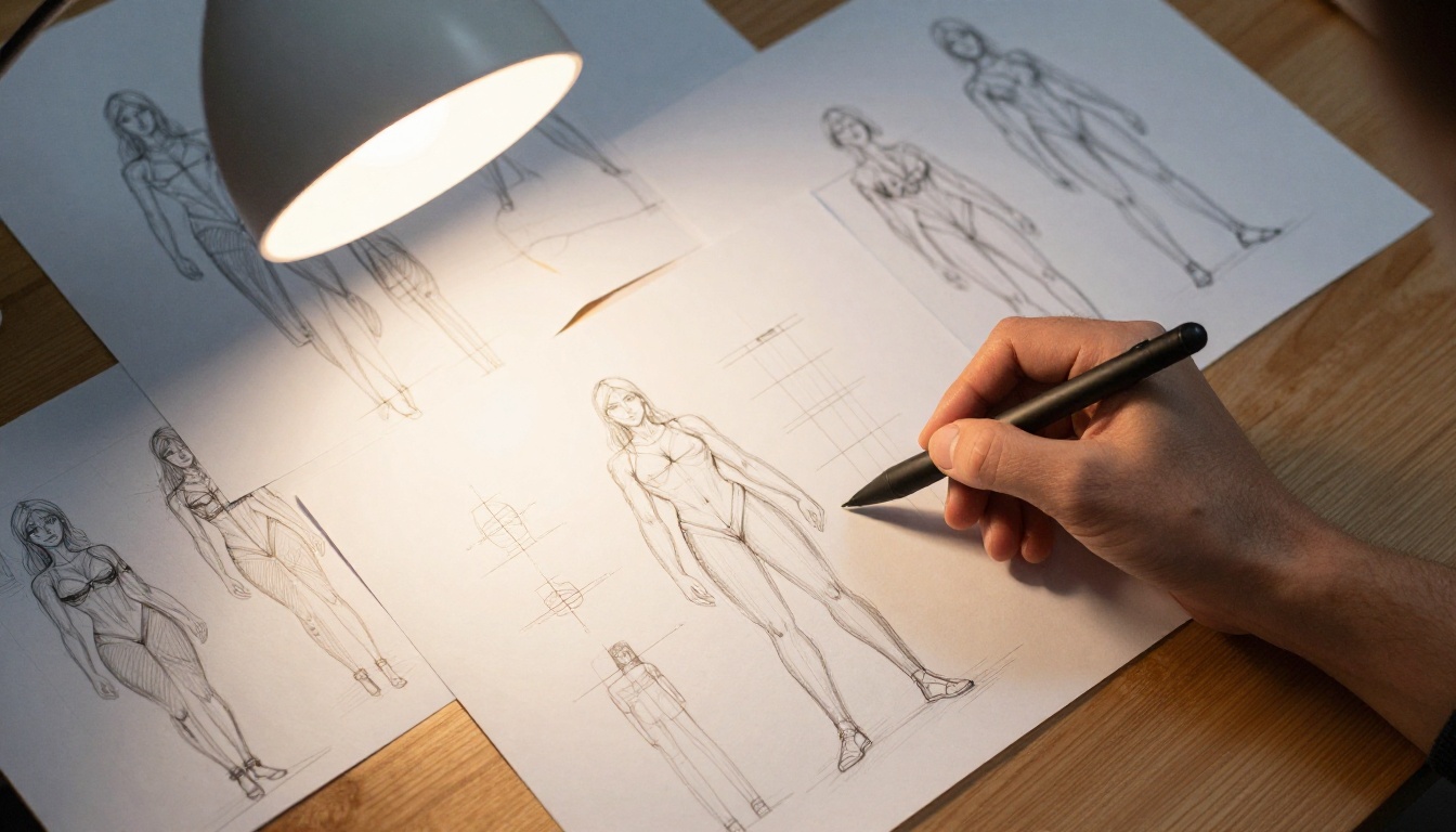 Designer overhead view of character design sketches on wooden desk