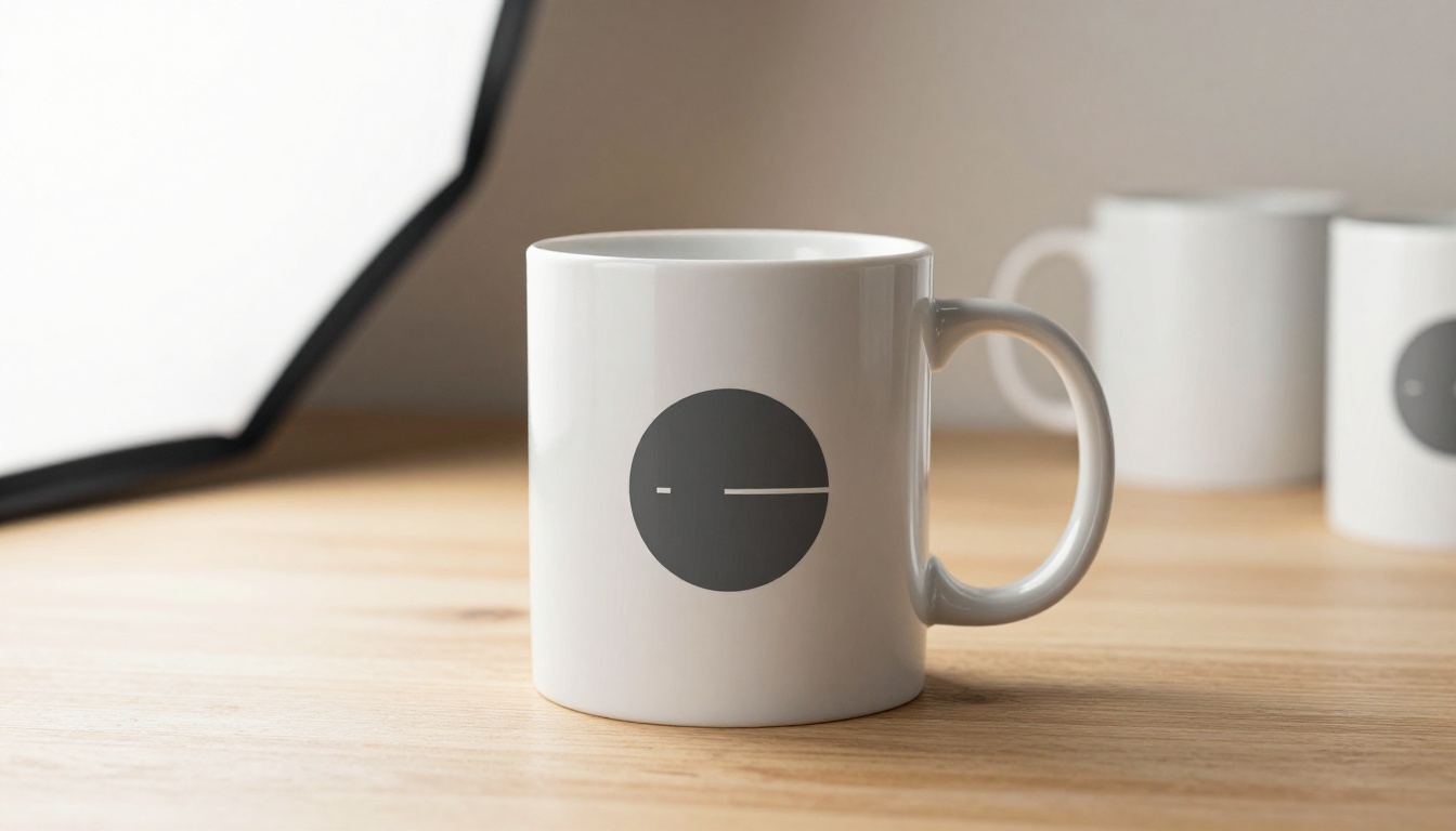 White coffee mug with minimalist logo on oak surface in clean studio lighting