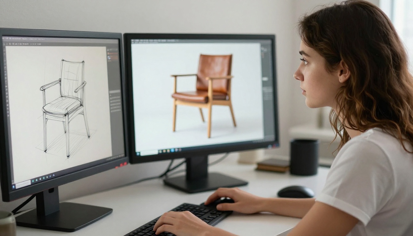 Woman at dual monitors comparing sketch and photorealistic AI output