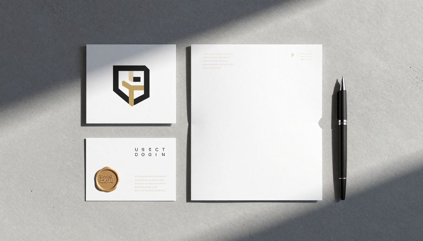 Brand identity kit flat lay on concrete surface showing business card, letterhead, and brand booklet