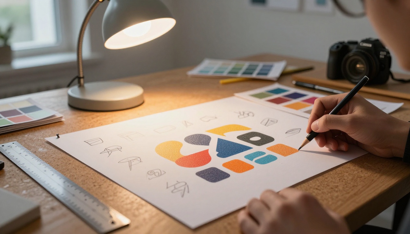 Logo concept sketches pinned to cork board with color swatches and a mechanical pencil