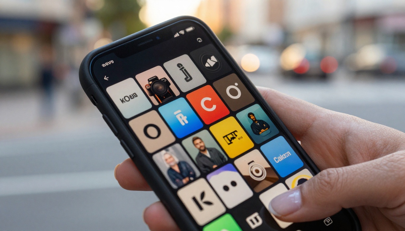 Hand holding a smartphone displaying a branded logo color variant grid on screen against blurred city background Hand holding a smartphone displaying a branded logo color variant grid on screen against blurred city background