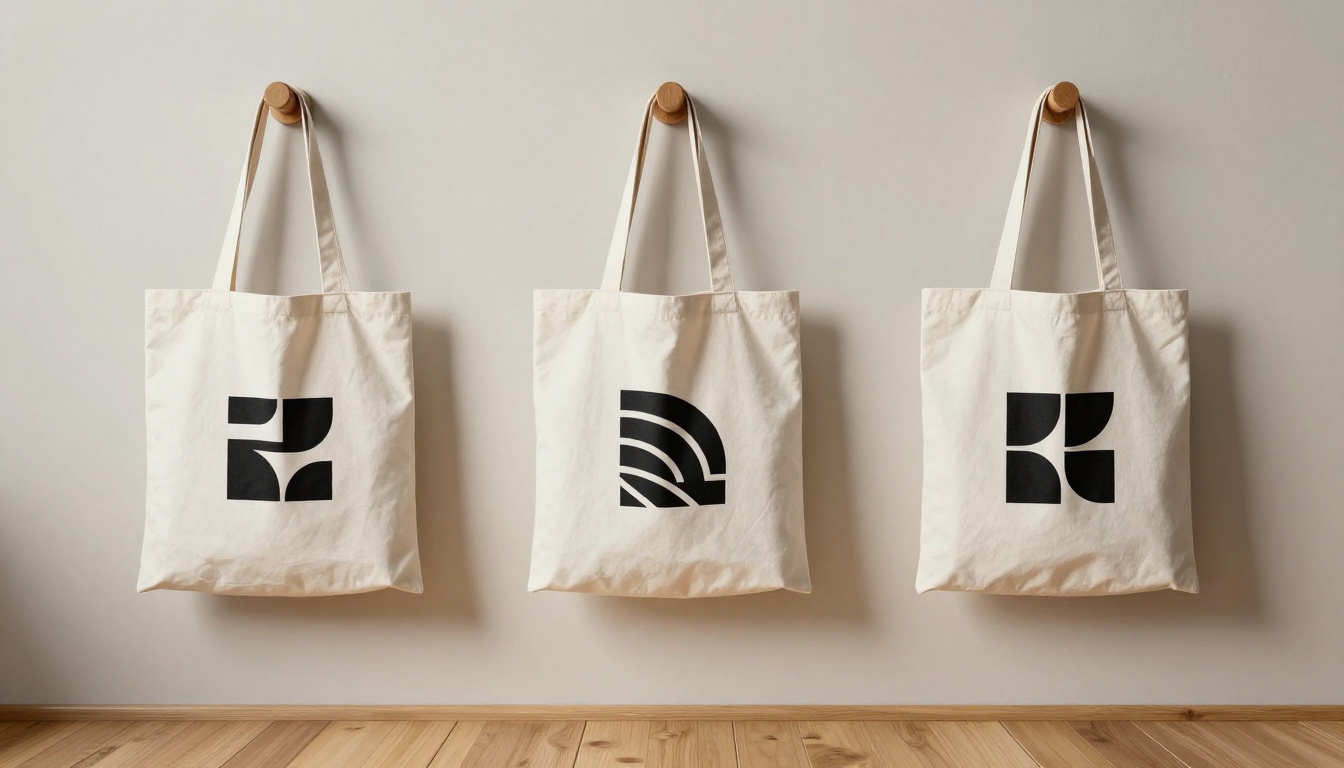 Three branded white tote bags hanging on wooden wall pegs in clean product photography setup Three branded white tote bags hanging on wooden wall pegs in clean product photography setup
