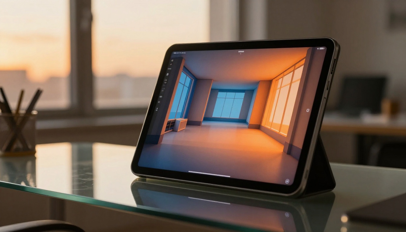 Depth map visualization on tablet screen with orange-blue gradient