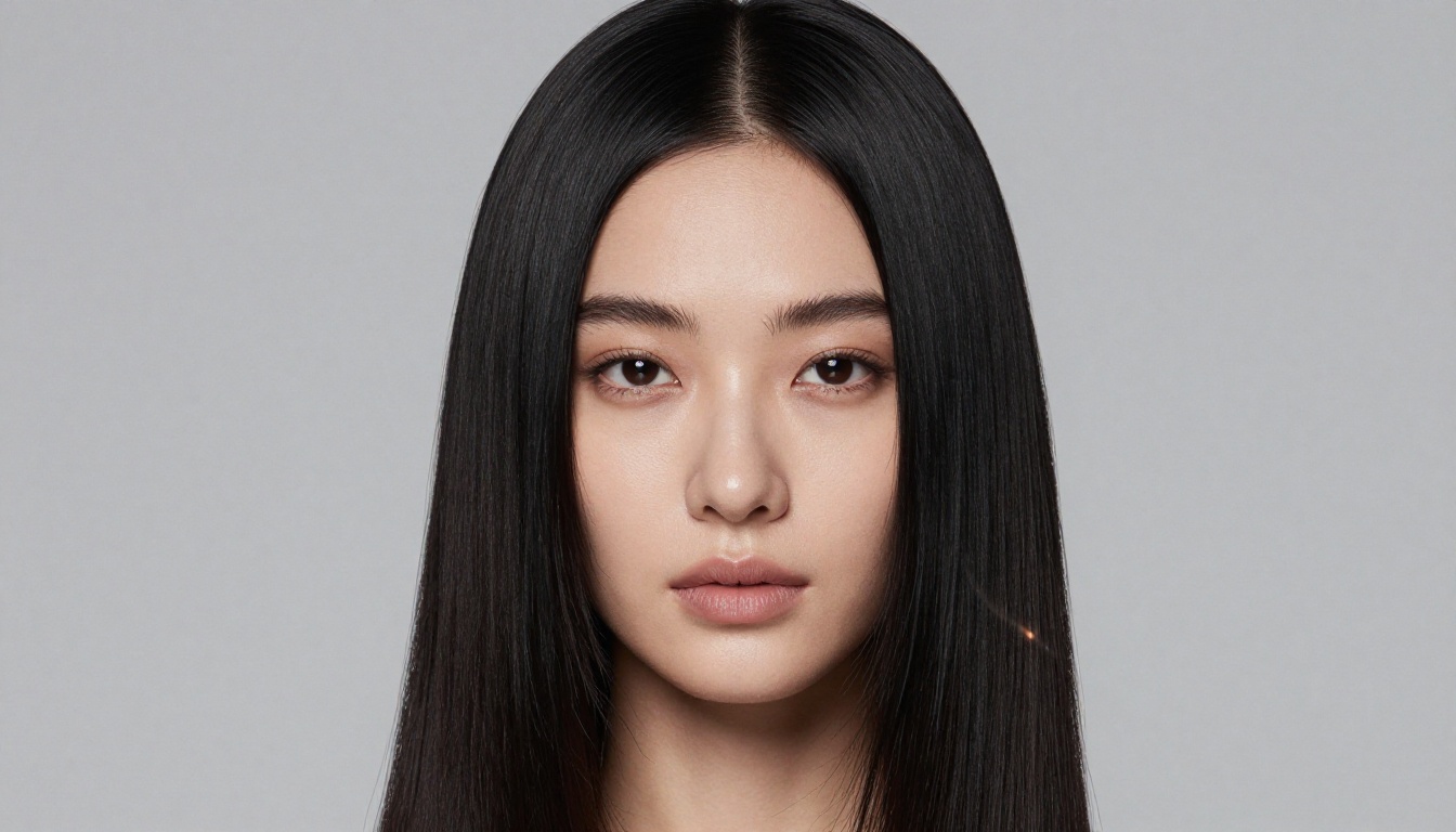 Portrait of a woman with sleek straight jet-black hair in a minimalist photography studio with rim lighting