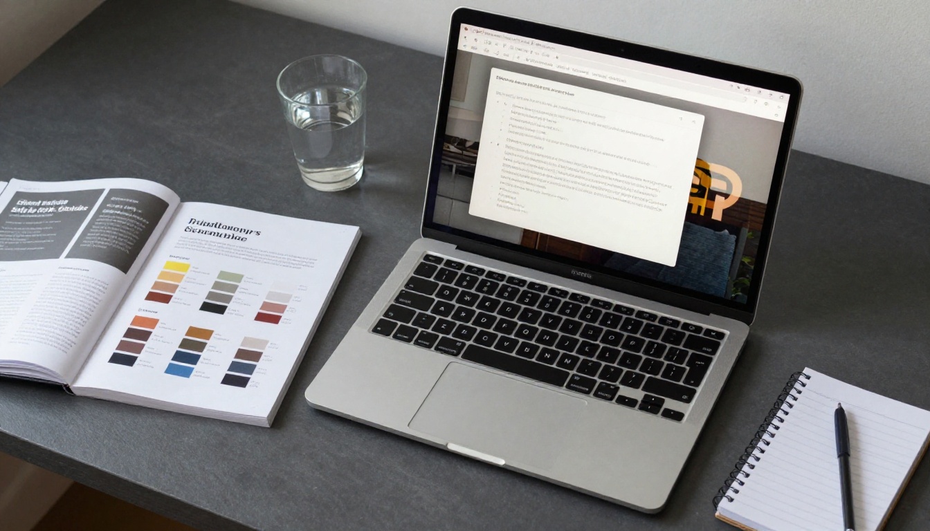 Overhead desk shot with laptop showing AI image generation interface beside an open brand style guide booklet