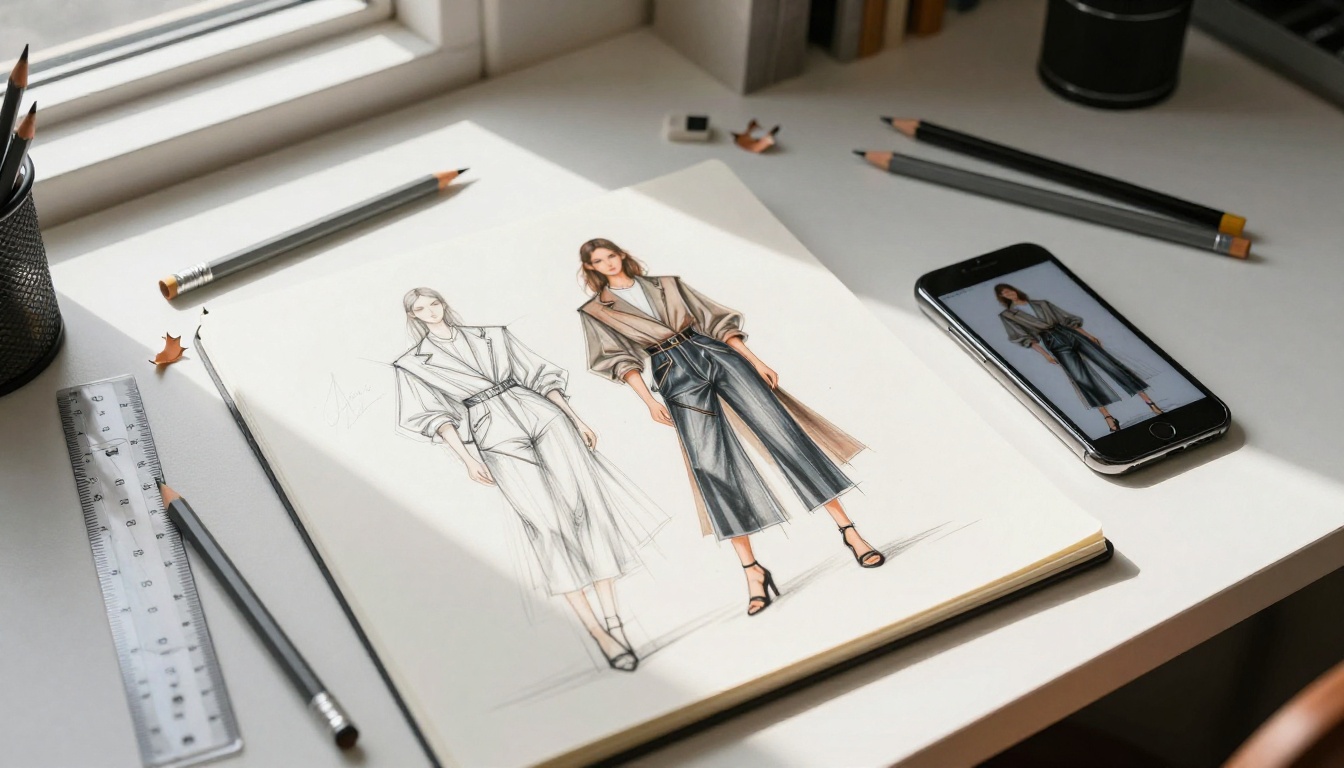 Fashion design flat-lay with open sketchbook and phone showing AI output