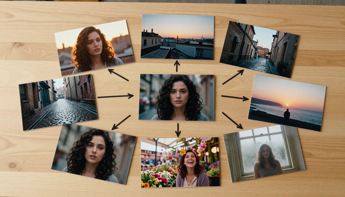 One photo expanding into multiple cinematic storyboard frames arranged on a table