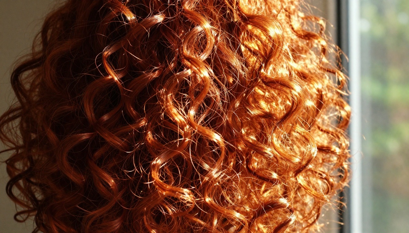 Extreme close-up of vibrant copper-red curly hair texture glowing in warm afternoon sunlight