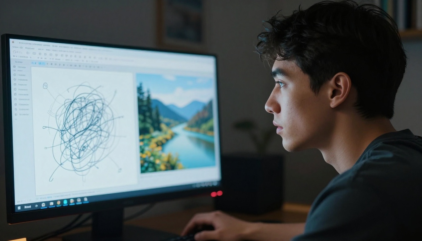 Man side profile looking at AI scribble interface on large monitor