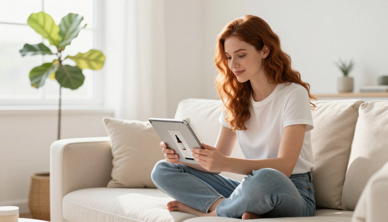 Young woman reviewing branded product mockups on a tablet while sitting on a cream sofa in a bright Scandinavian apartment Young woman reviewing branded product mockups on a tablet while sitting on a cream sofa in a bright Scandinavian apartment