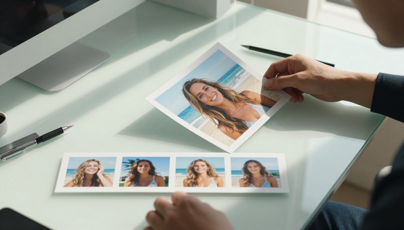 Filmmaker's hands holding a source photo with storyboard prints arranged below