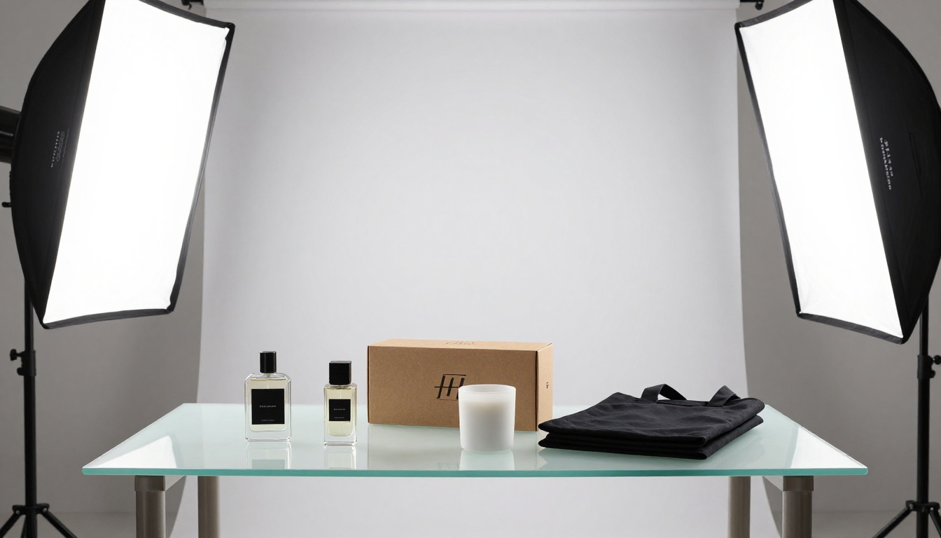 Clean white studio setup with multiple branded product mockup items arranged on frosted glass surface against a seamless paper backdrop Clean white studio setup with multiple branded product mockup items arranged on frosted glass surface against a seamless paper backdrop