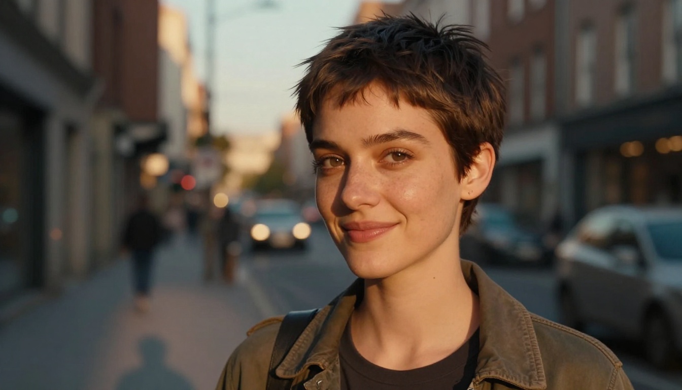 Stylish young woman with a chic pixie cut on a sunlit urban street in golden hour light