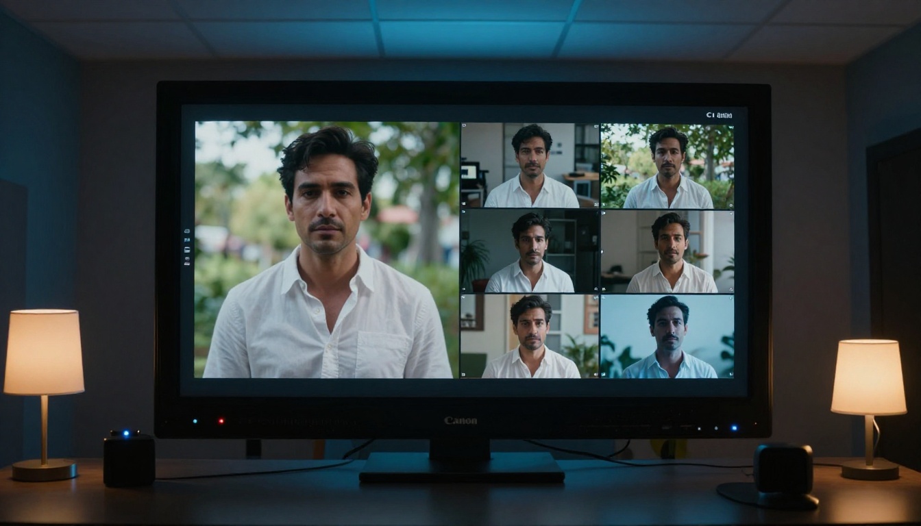 Cinema monitor showing split-screen AI storyboard generation interface
