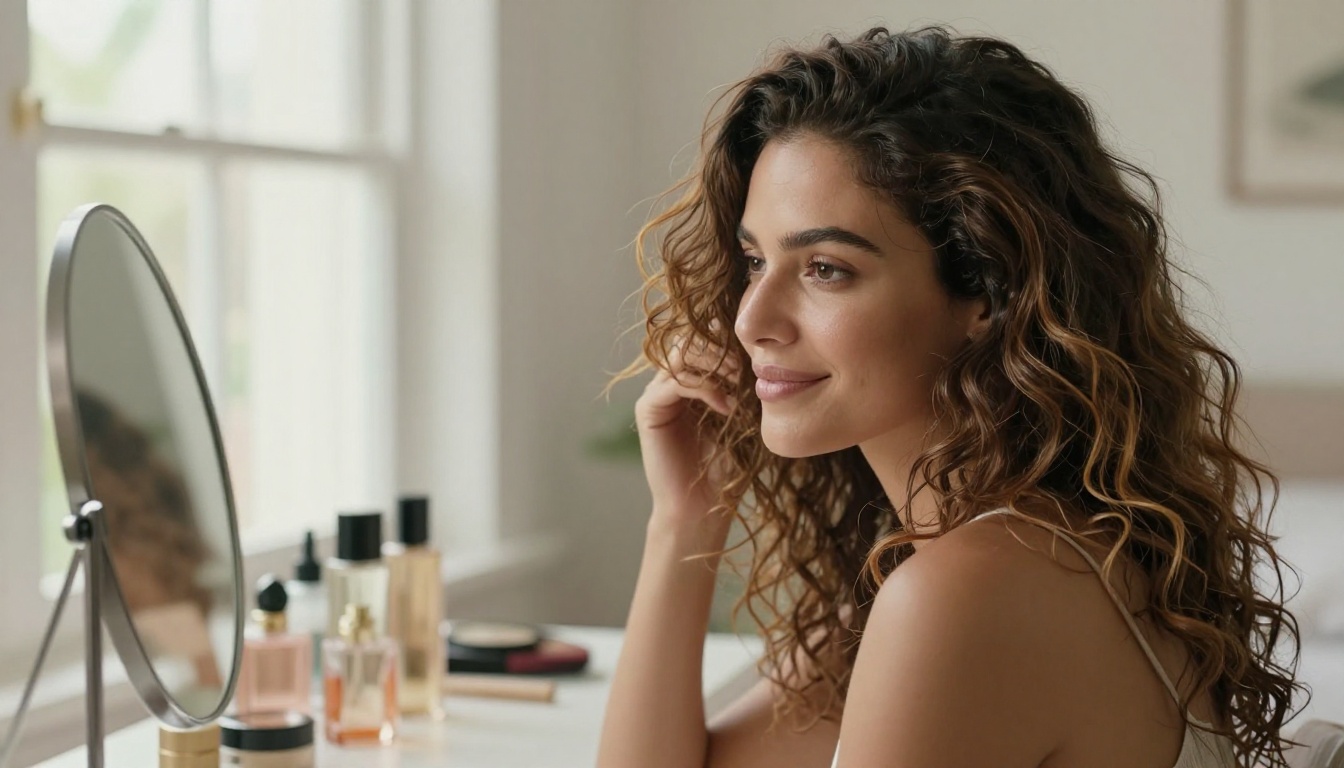 Brunette woman with effortless beachy waves sitting at a bright vanity mirror in warm morning light