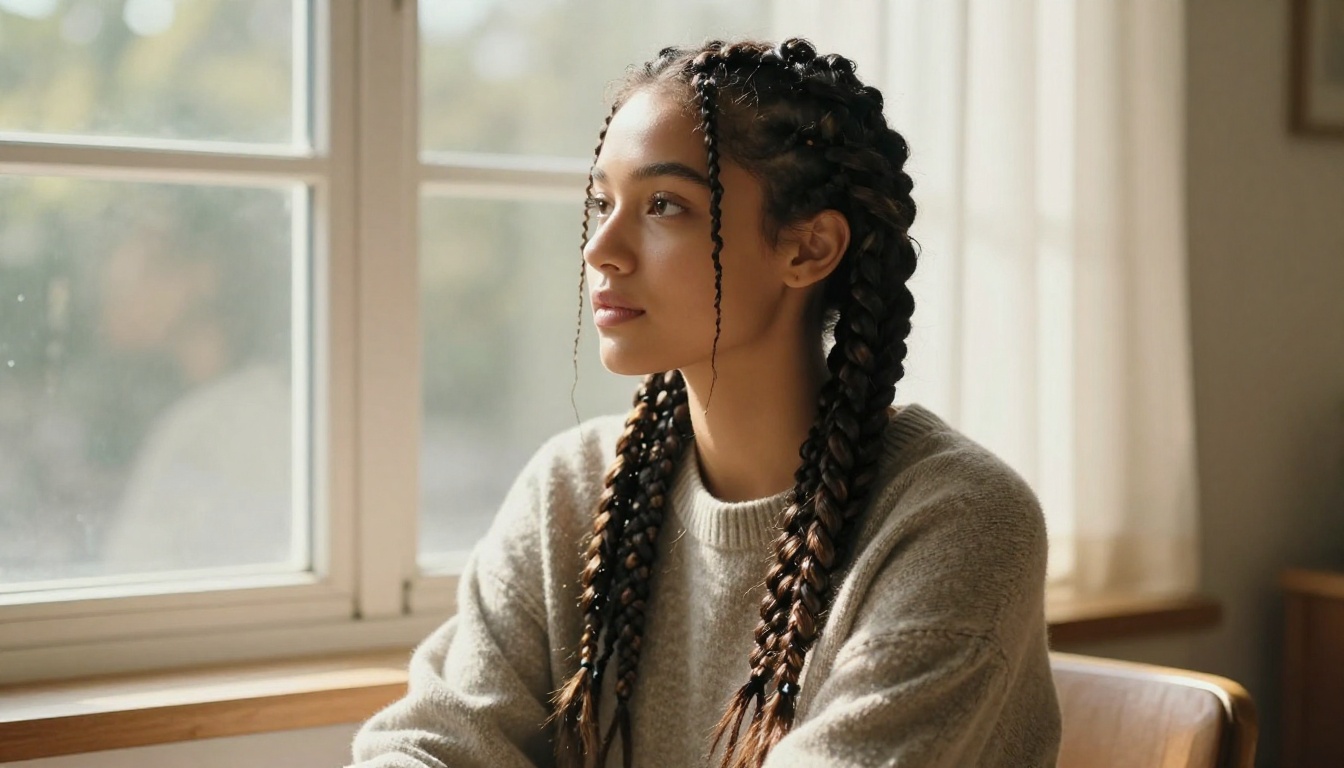 Young woman with long box braids sitting by a sunlit window in a cozy oversized sweater