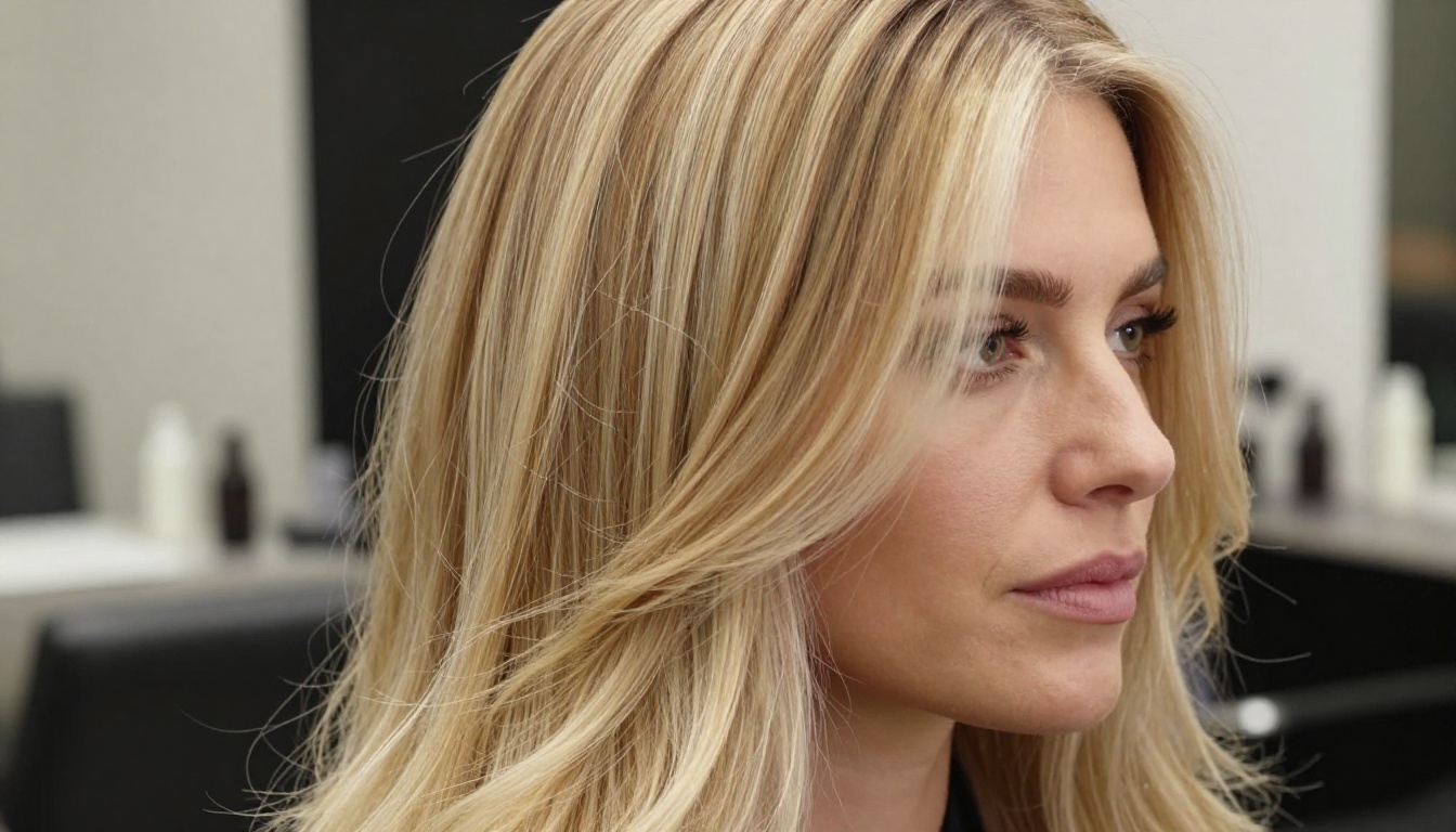Close-up portrait of a woman with expertly highlighted blonde hair photographed in professional salon lighting