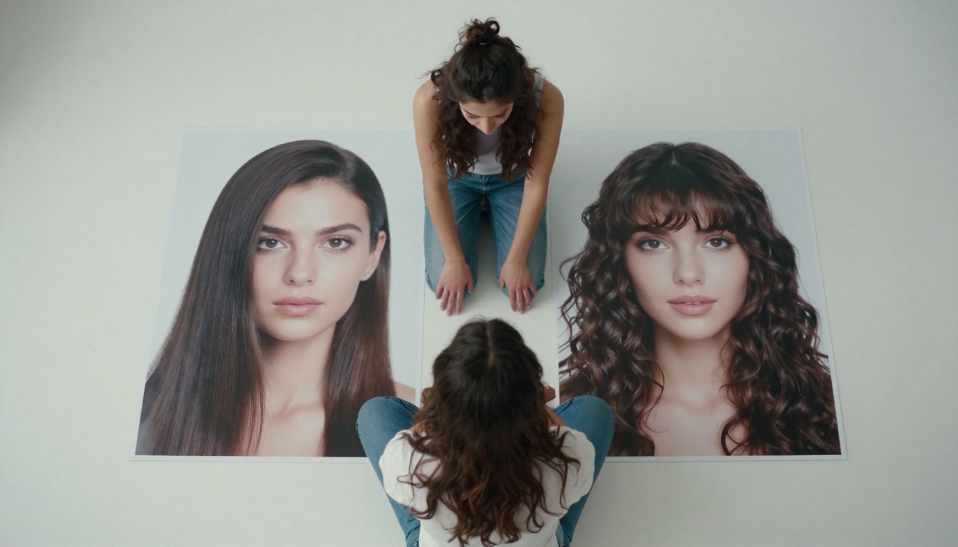 Woman comparing hairstyle options with printed portrait photographs side by side